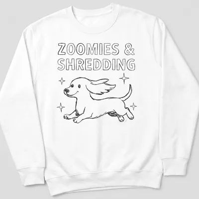 Kawaii line-art Dachshund running with the text 'Zoomies & Shredding' in black and white — printed on a unisex sweatshirt