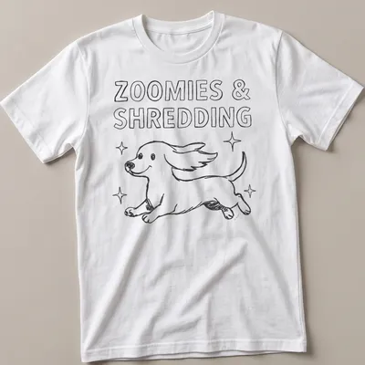 Kawaii line-art Dachshund running with the text 'Zoomies & Shredding' in black and white