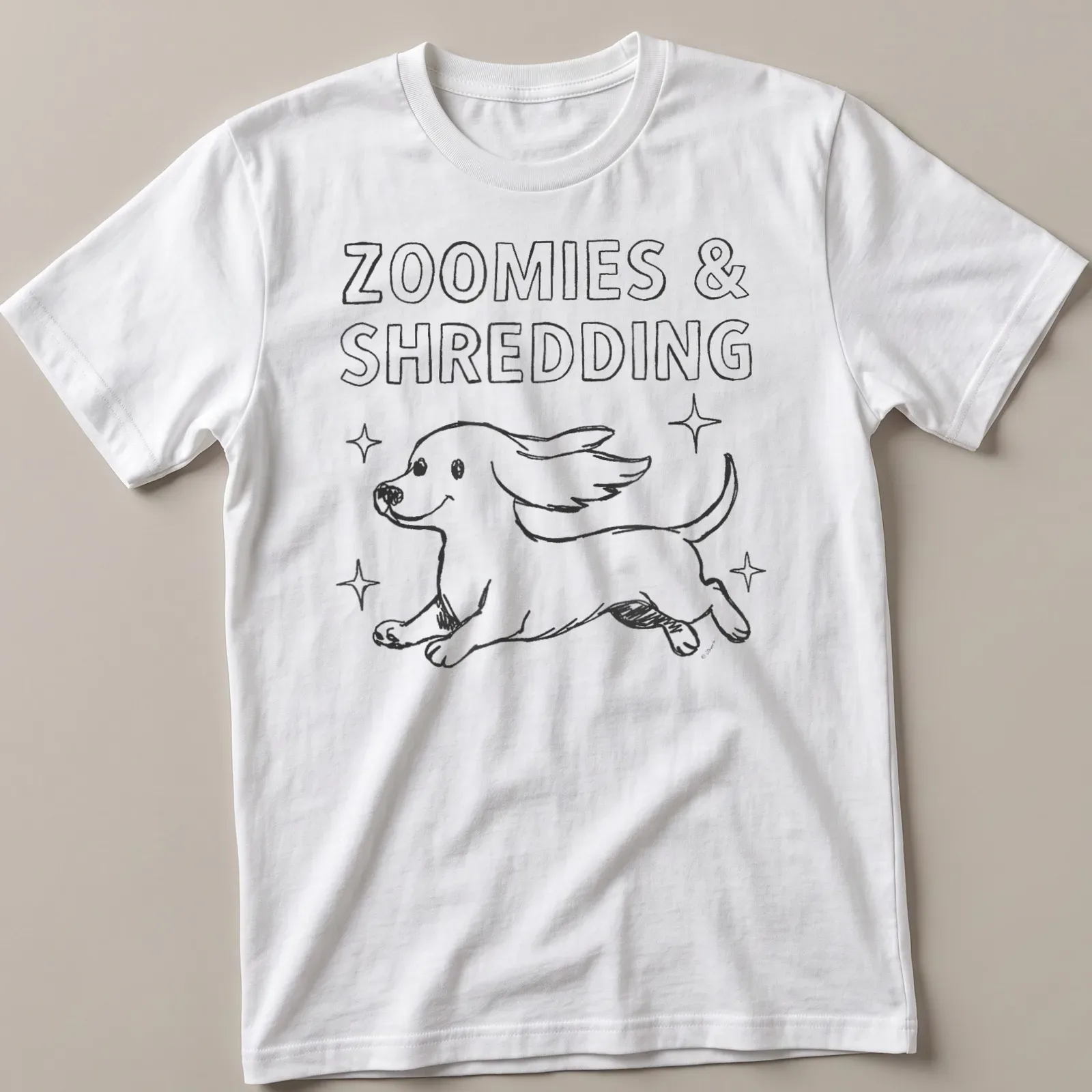 Kawaii line-art Dachshund running with the text 'Zoomies & Shredding' in black and white — printed on a unisex t-shirt