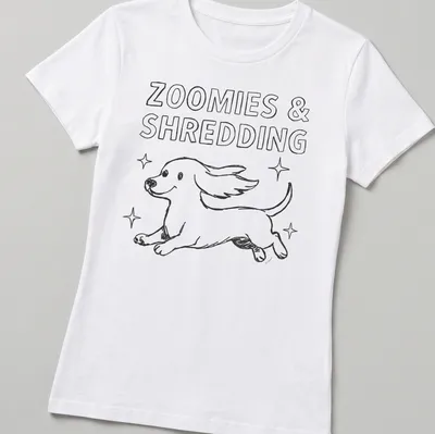 Kawaii line-art Dachshund running with the text 'Zoomies & Shredding' in black and white — printed on a women's shirt